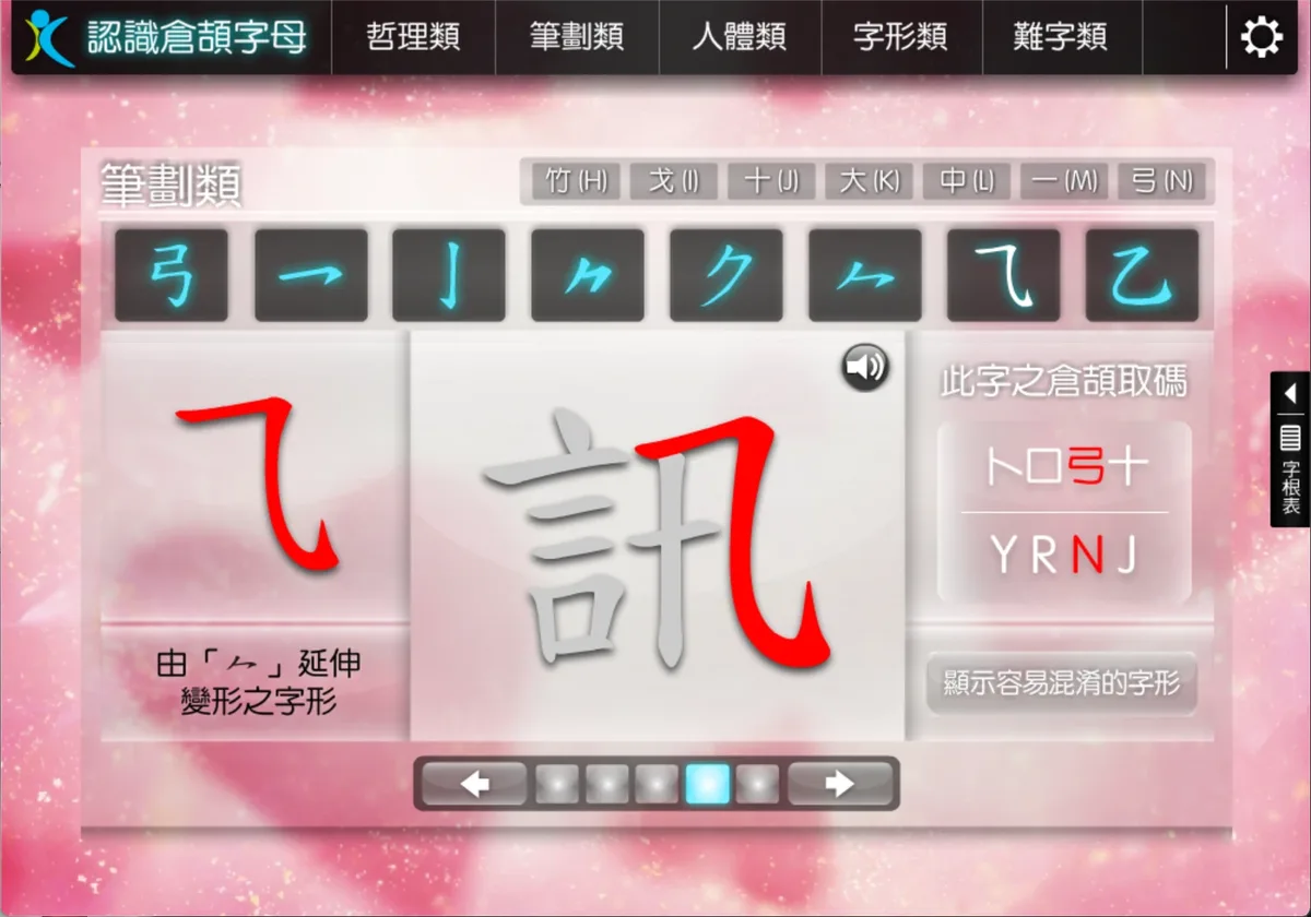 《五色學倉頡 2》「認識倉頡字母」的「筆劃類」畫面：以紅色標示「訊」字中「乙」的筆順，右方顯示此字之倉頡取碼為「卜口弓十 YRNJ」