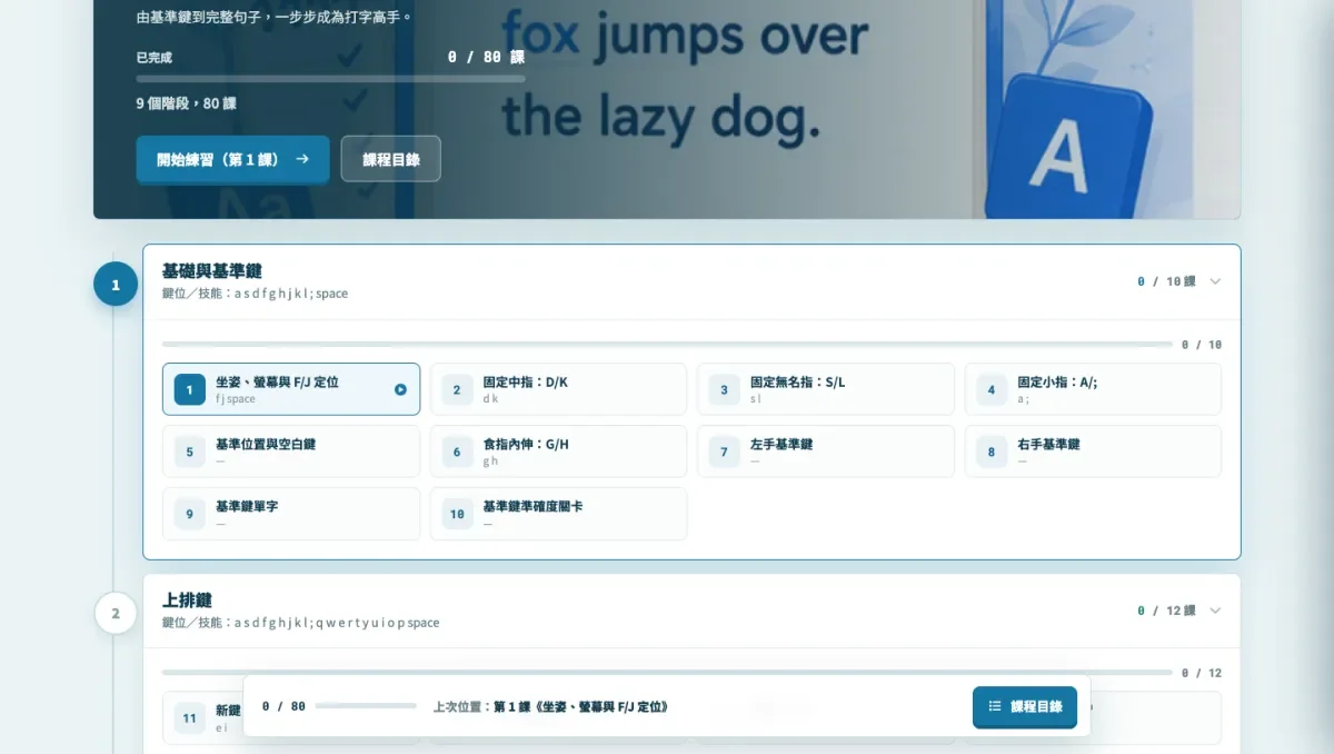 《AI 五色打字平台》英文課程畫面：示範句子 the quick brown fox jumps over the lazy dog，下方列出基準鍵練習的各個階段